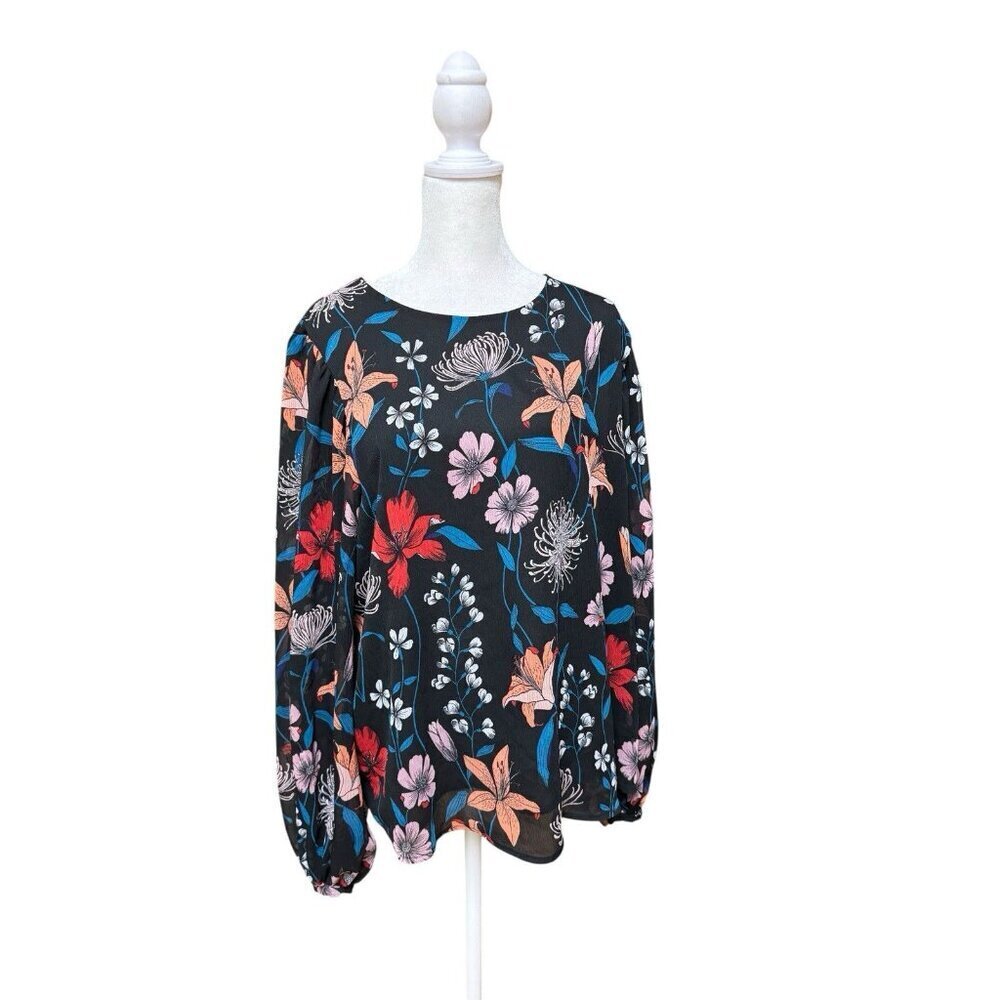 Who What Wear Floral Sheer Sleeve Blouse XXL Black Lined Top